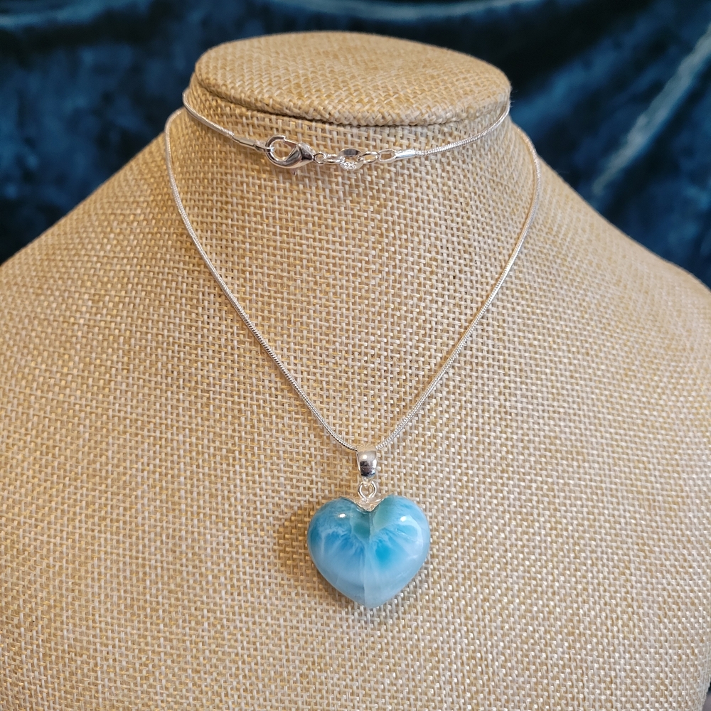 49CTS Larimar Heart Pendant In Sterling Silver With Chain | From Dominican Rep.